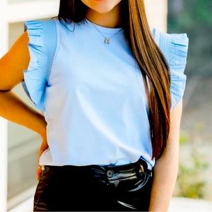 Sleeveless ruffled cotton top, new w/ tags, in original packaging, Carolina blue